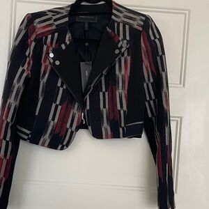 BCBGMaxAzria Black Cropped Moto Blazer with Red and Gray Brush Pattern